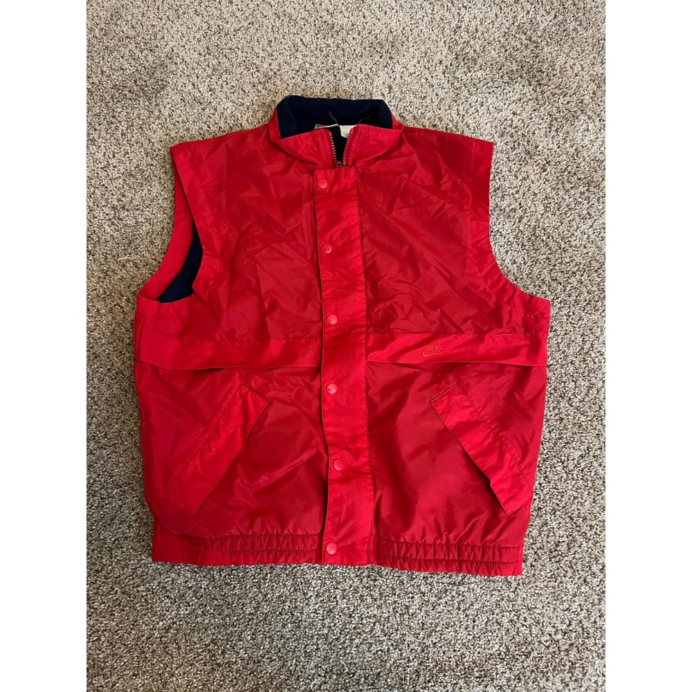 Nike Men Vest S Red Vintage 90s Fleece Lined Full Zip Snap Front Logo Streetwear